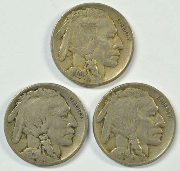 1920, 1921, & 1925 Buffalo Nickels. Sharp