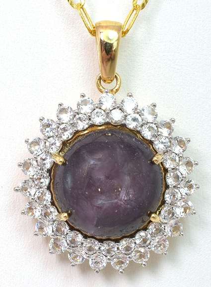 Enamoring Massive 16.00CTS Natural Cabochon Star Ruby & White Sapphire Necklace in 3-Tone Sterling Silver