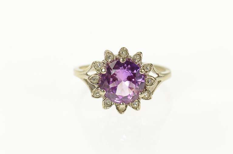 10K White Gold Pink Topaz Diamond Halo Flower Cocktail Ring