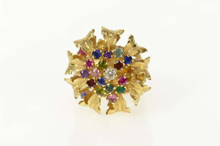 14K Yellow Gold 1960's Retro Ornate Gemstone Cluster Cocktail Ring