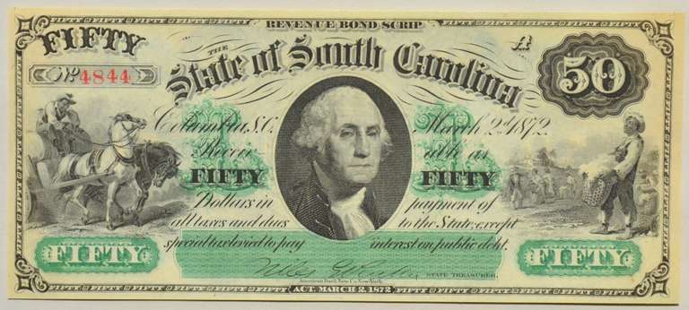 CH CU 1872 $50 State of South Carolina Revenue Scrip Note