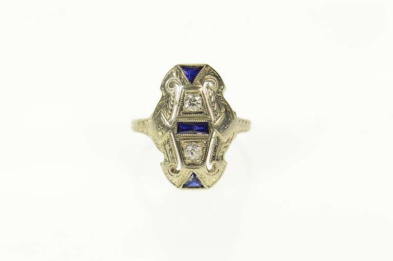 18K White Gold Art Deco Diamond Syn. Sapphire Filigree Ring