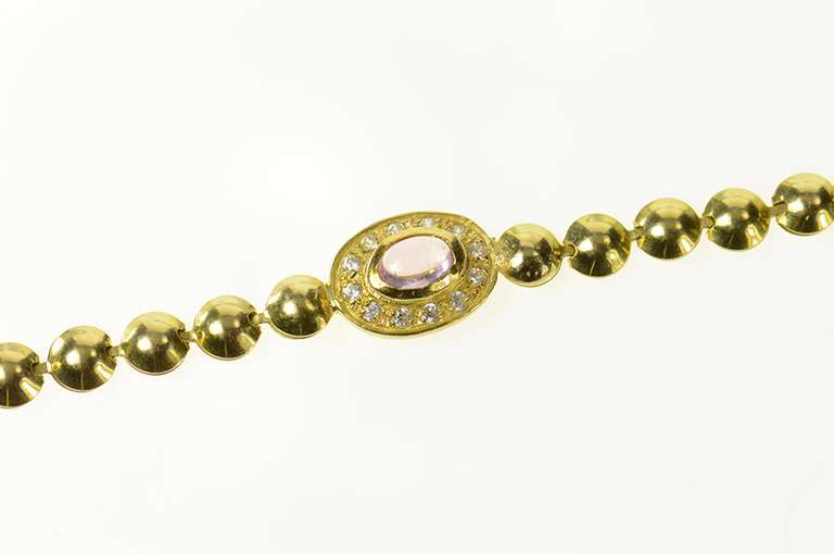 18K Yellow Gold Oval Pink Topaz Diamond Halo Round Link Bracelet