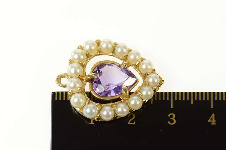 14K Yellow Gold Heart Amethyst Pearl Halo Retro Classic Pendant