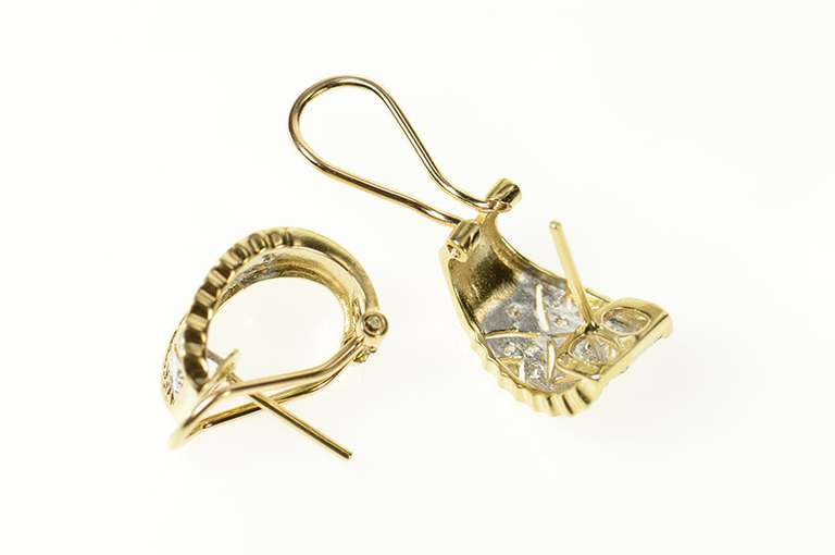 10K Yellow Gold Ornate Pave Diamond Semi Hoop French Chip Earrings