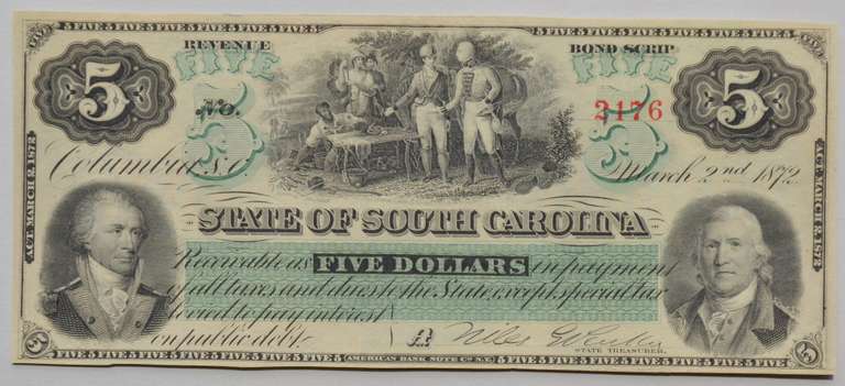 $ 5 State Of South Carolina Revenue Bond Scrip Mar 2 1872 Series