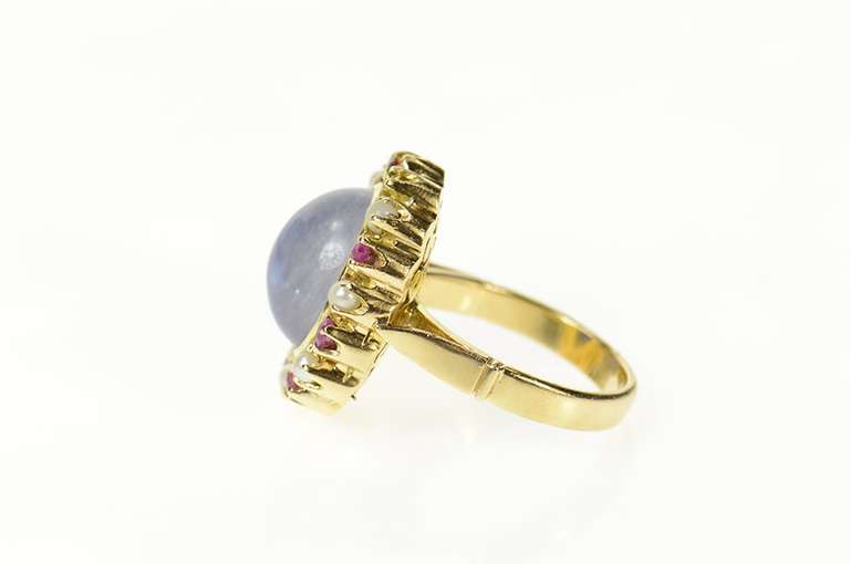 14K Yellow Gold Oval Moonstone Ruby Pearl Victorian Cocktail Ring
