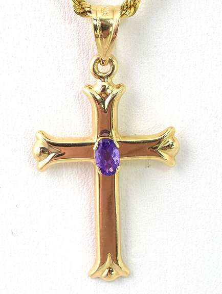 Lovely Amethyst Cross Necklace in 14KT Yellow Gold