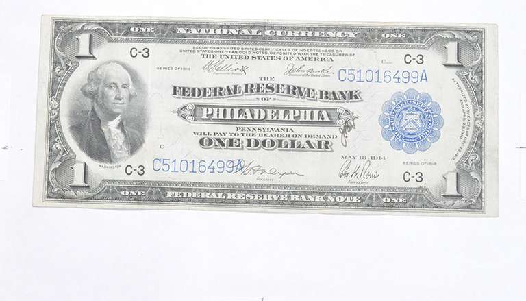 1914 $1 Federal Reserve Bank Philadelphia National Currency - Large