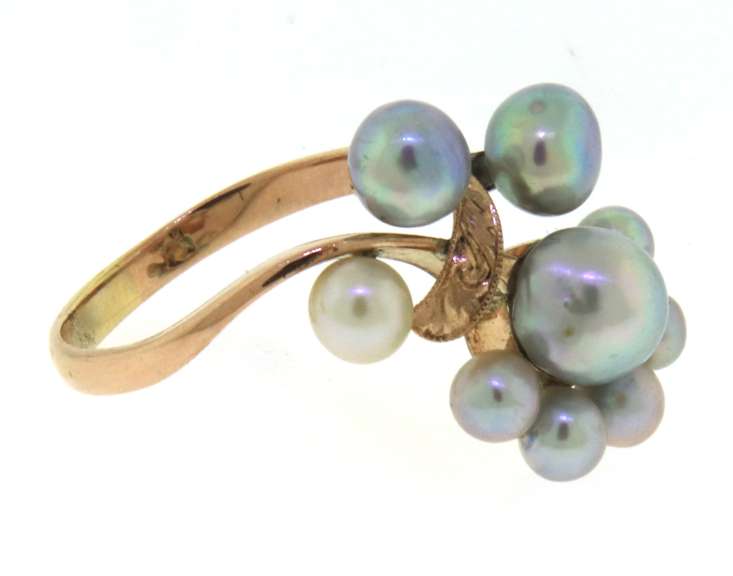 Elegant Grey and White Pearl Flower Yellow Gold Ring