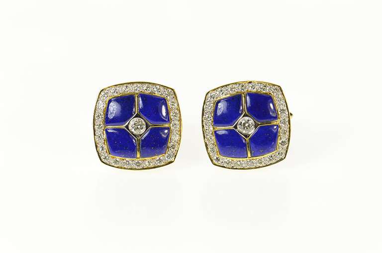 18K Yellow Gold Squared Lapis Lazuli Diamond Ornate Tuxedo Cuff Links