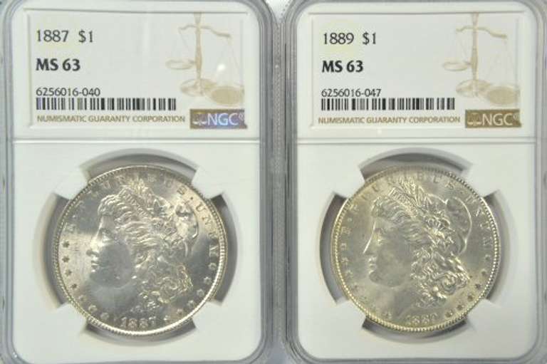 Choice BU 1886 & 1889 Morgan Silver Dollars. NGC MS63