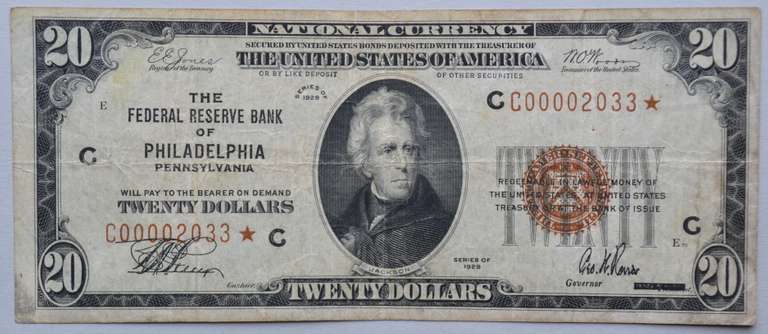 Scarce 1929 $ 20  Philadelphia National Currency Notency Star Note