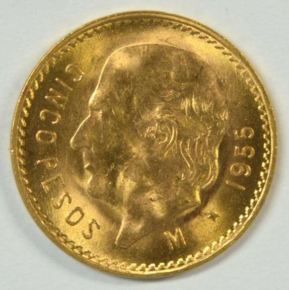 Superb Gem BU 1955 Mexico 5 Pesos Gold Piece