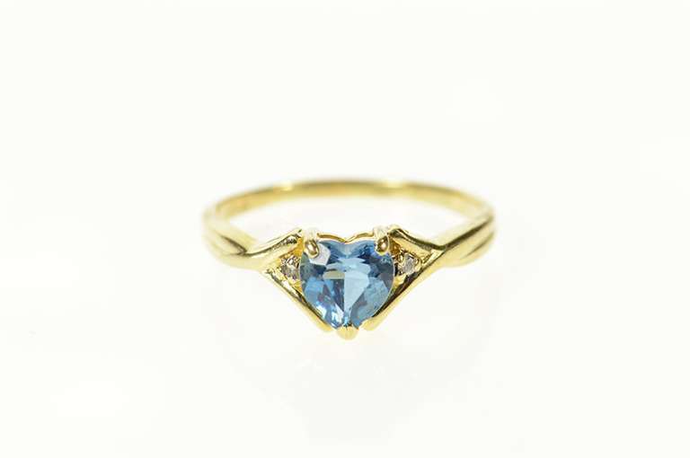 10K Yellow Gold Heart Blue Topaz Diamond Three Stone Ring