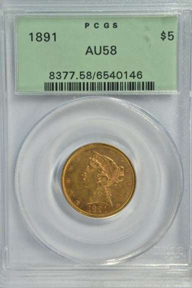 Scarce 1891 $5 Liberty Gold Piece. Old Green PCGS AU58