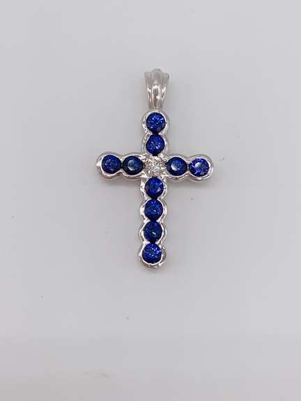 14kt Gold Blue Sapphire & Diamond Cross Pendant