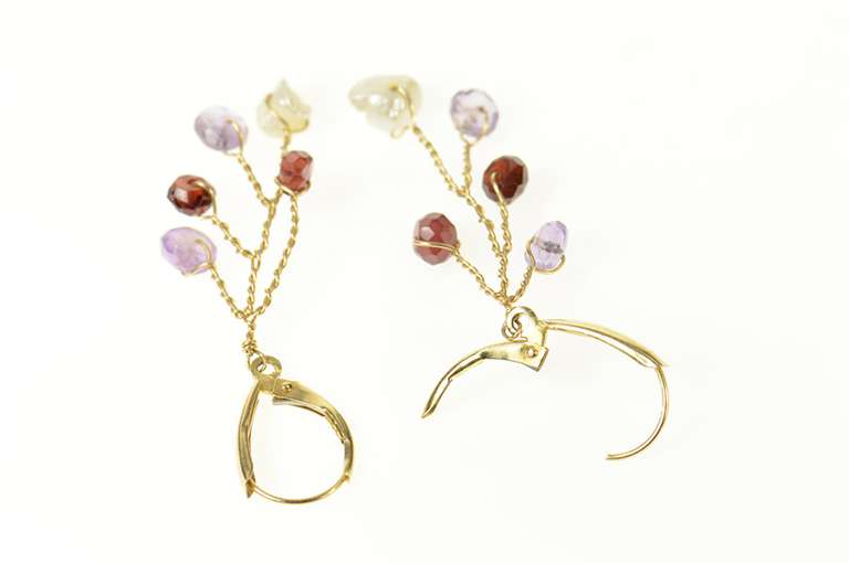 14K Yellow Gold Pearl Amethyst Garnet Branch Tree Dangle Earrings