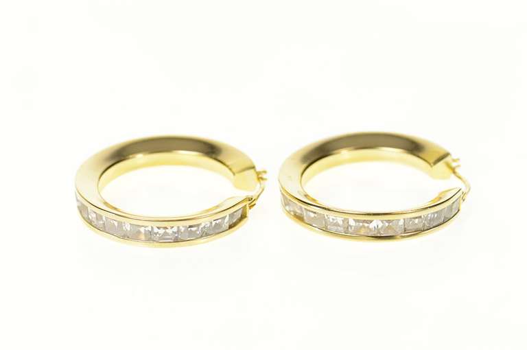14K Yellow Gold Princess Cubic Zirconia Statement Hoop Earrings