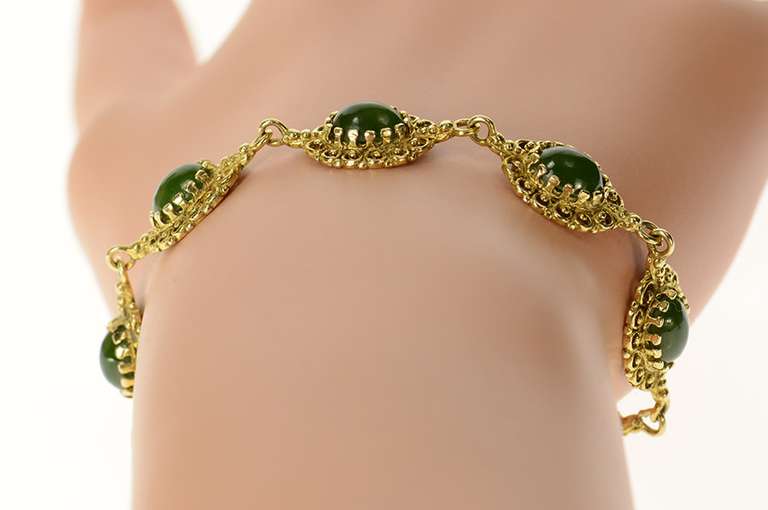 14K Yellow Gold Elaborate Ornate Retro Nephrite Filigree Bracelet