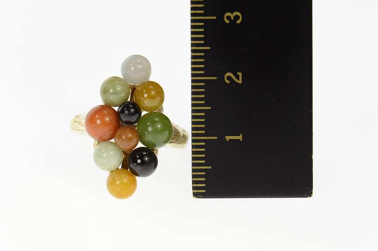 14K Yellow Gold Retro Multi Colored Jade Cluster Statement Ring