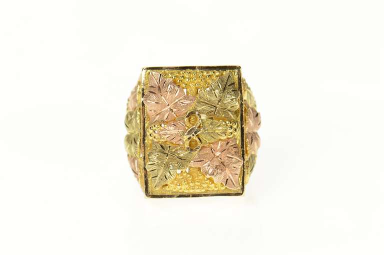 10K Yellow Gold Elaborate Black Hills Leaf Squared Cluster Ring