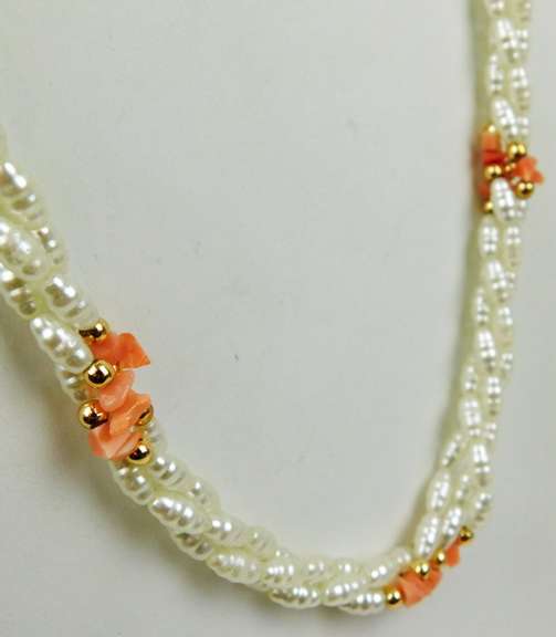 Triple Strand Freshwater Rice Pearls & Coral Necklace