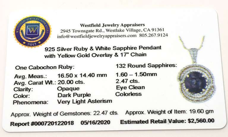 Enamoring Huge 20.00CTS Cabochon Star Ruby & White Sapphire Necklace in 2-Tone Sterling Silver