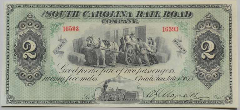 $2 July 1 1873 South Carolina Railroad Ticket CH CU