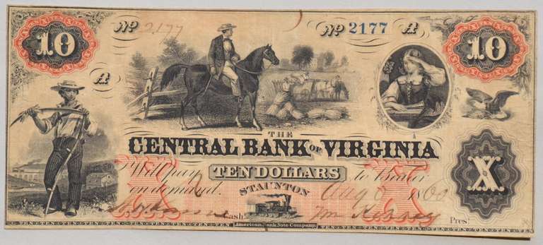 $ 10 Central Bank Of Virginia Staunton Aug 6 1860 Note