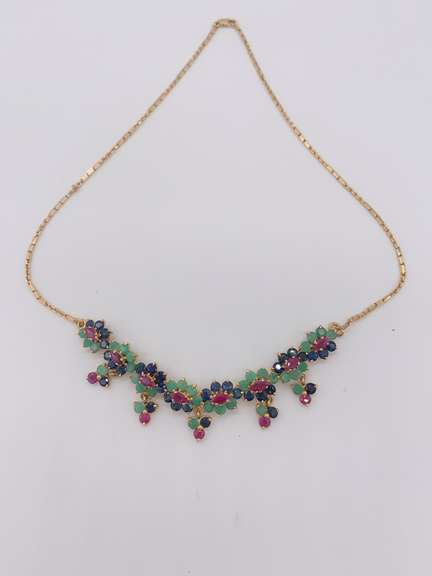 11.0 Carat Ruby, Emerald, & Blue Sapphire Necklace in 14kt