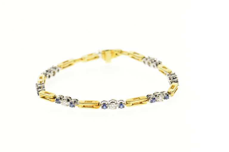 18K Yellow Gold 1.33 Ctw Diamond Sapphire Bar Link Tennis Bracelet