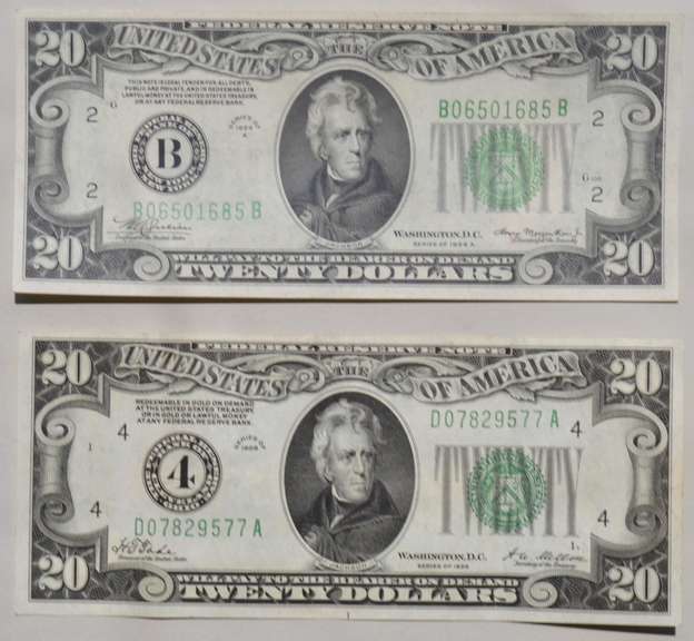 1928 Gold Payable and 1934 A Lime Green Seal  $ 20 FR Notes