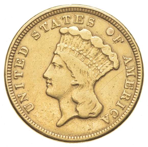 Worn Date $3.00 Indian Princess Head Gold Three Dollars