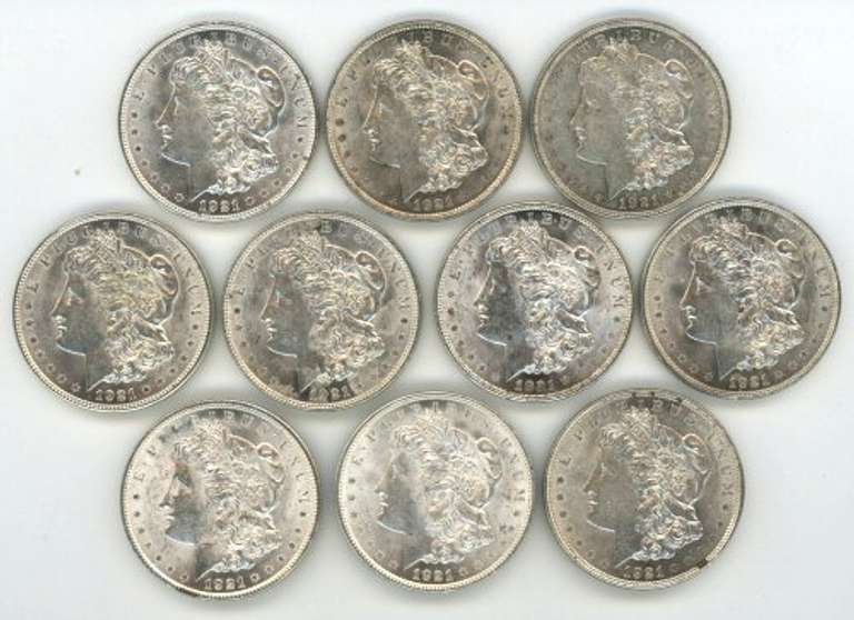 10 Well struck and lustrous 1921 Morgan Silver Dollars