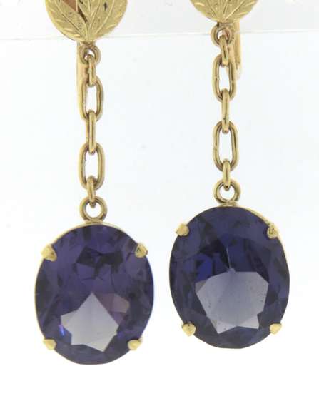 Powerful Yellow Gold Synthetic Alexandrite Dangle Earrings