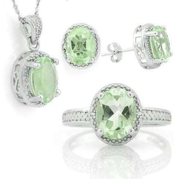 BEAUTEOUS! 6 2/5 CARAT GREEN AMETHYST & DIAMOND STERLING SILVER SET