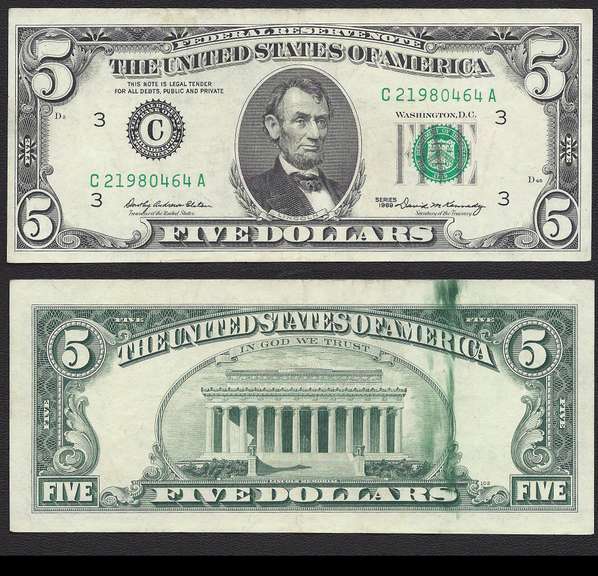 $5 1969 FRN Ink Smear About Uncirculated