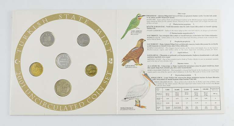 2001 Turkish State Mint Unc 6 Coin Set - In Collectable Bird Book