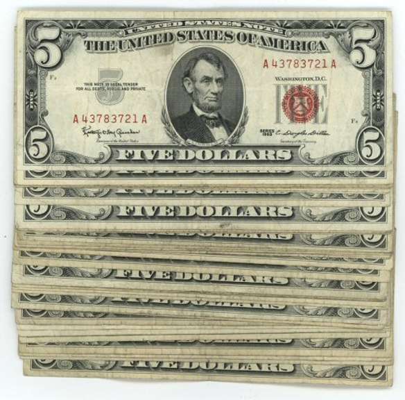 Large lot of 33 Series of 1953/63 $5 Red Seal Notes