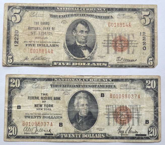 $5 St Louis & $ 20 New York 1929 Series National Currency Notes