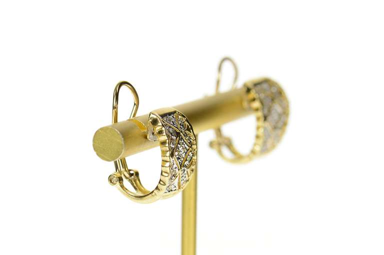 10K Yellow Gold Ornate Pave Diamond Semi Hoop French Chip Earrings