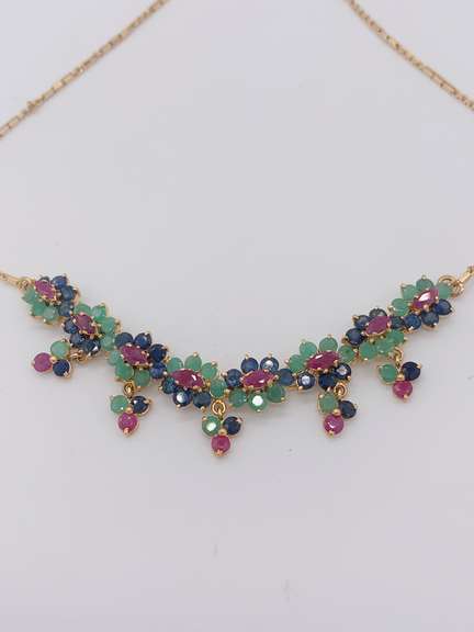 11.0 Carat Ruby, Emerald, & Blue Sapphire Necklace in 14kt
