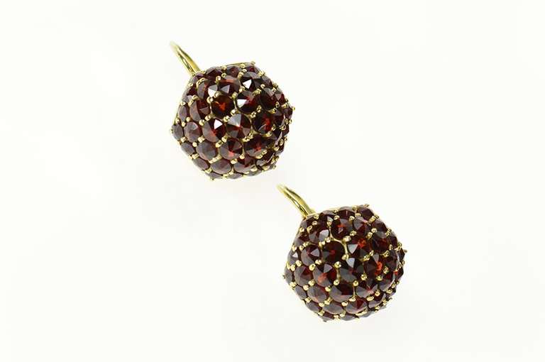 14K Yellow Gold Pave Garnet Domed Cluster Dangle Retro Earrings