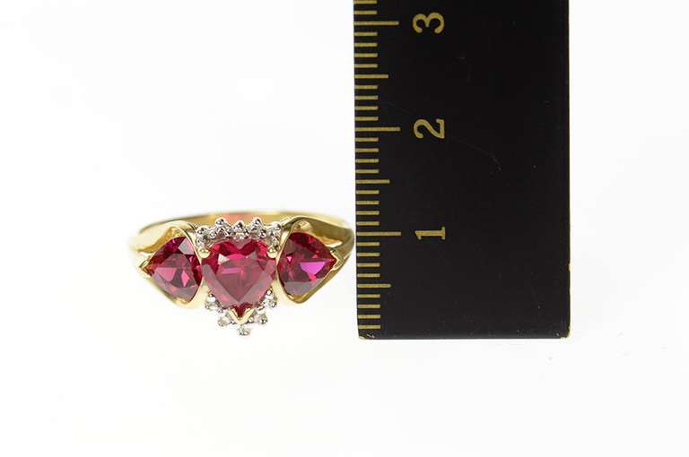 10K Yellow Gold Three Stone Heart Ruby Diamond Accent Ring