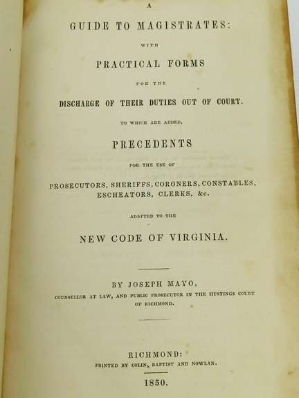 1850 Mayo's Virginia Guide to Magistrates Leather Book