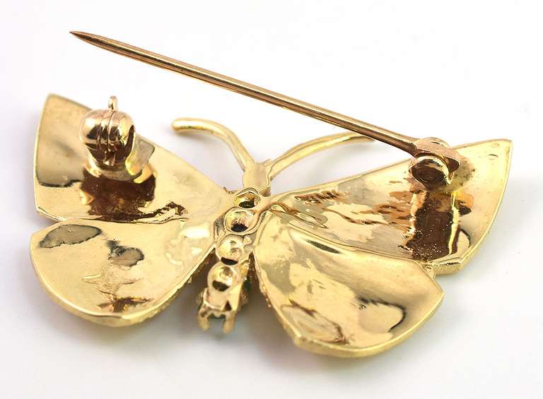Detailed Butterfly Pin with Emerald Accents in 14KT Yellow Gold