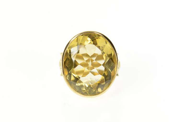 14K Yellow Gold 1940's Citrine Massive Solitaire Statement Ring