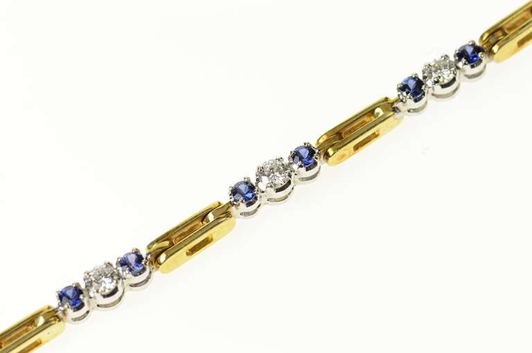 18K Yellow Gold 1.33 Ctw Diamond Sapphire Bar Link Tennis Bracelet