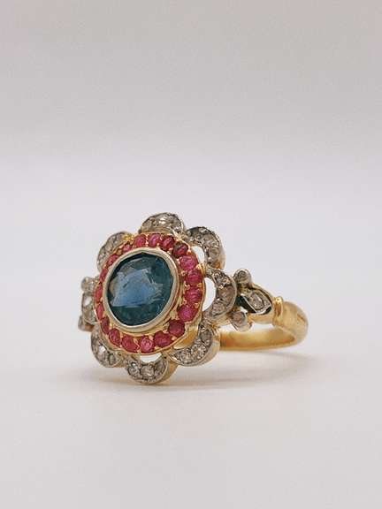 Vintage Style 14kt Gold, Sapphire, Ruby, & Diamond Ring
